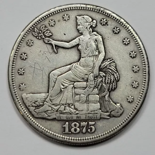 1875 S $1 Trade Silver Dollar VF/XF Detail Genuine US Type Coin Scratched *F782