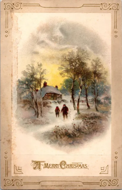 Winsch Christmas Postcard Antique Victorian English Manor Pastoral Sunset Tree