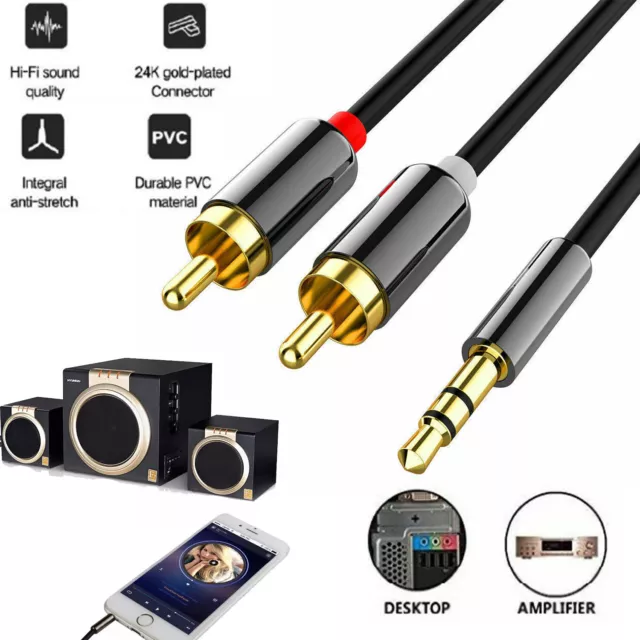 Premium Stereo Audio Cord 3.5mm AUX Jack To 2 RCA Male Cable GoldPlated Up to 5M