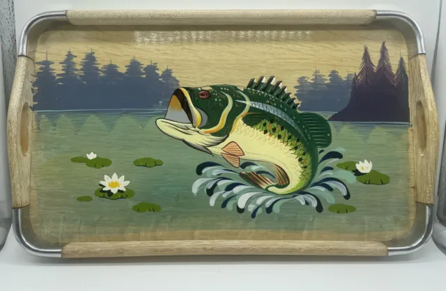 Hand Painted Wood Serving Tray Bass Fish Jumping 14”x 8.5” Japan Decoration Wall