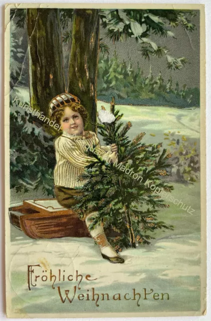 AK alte Postkarte Motiv Weihnachten Litho um 1912 Kind Litho Christbaum