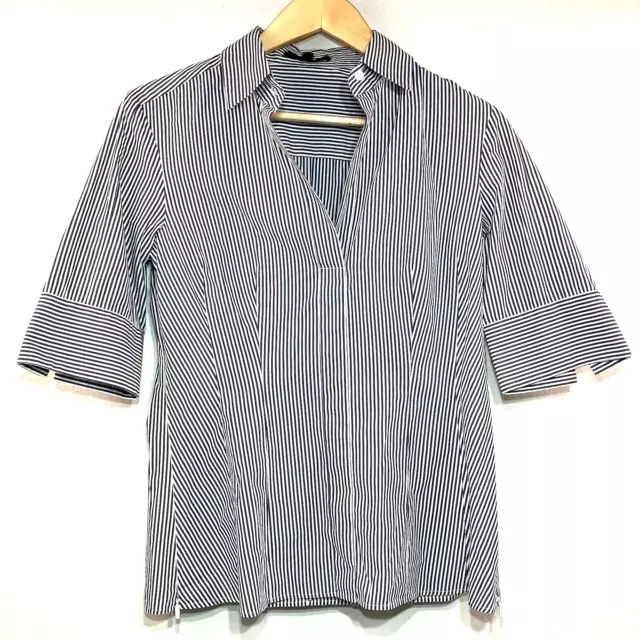 Hugo Boss Bashina Stretch Shirt Short Sleeve Blouse V Neck Zips Striped Size 6