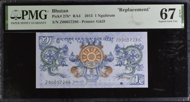 Bhutan 1 Ngultrum 2013 P 27 b* Replacement Superb Gem UNC PMG 67 EPQ