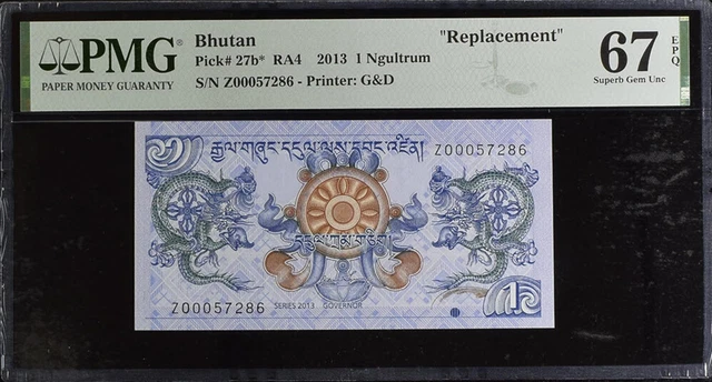 Bhutan 1 Ngultrum 2013 P 27 b* Replacement Superb Gem UNC PMG 67 EPQ