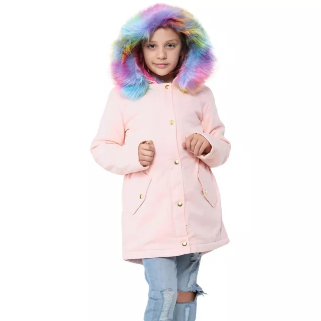 Kids Hooded Jacket Girls Rainbow Fur Baby Pink Parka School Jackets Outwear Coat