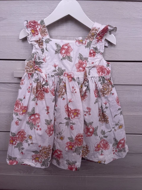 H&M Baby Girl White Pink Floral Ruffle Dress 12-18 Months