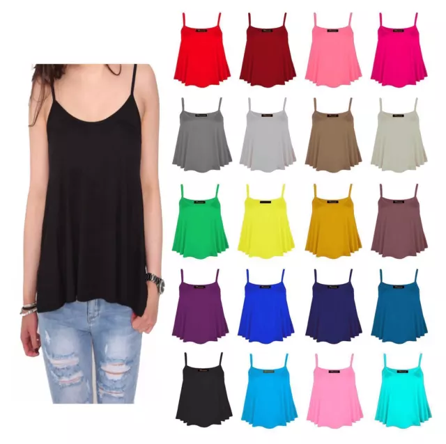 Womens CAMI tops ladies camisoles vest flared swing strappy plus size top 8-26