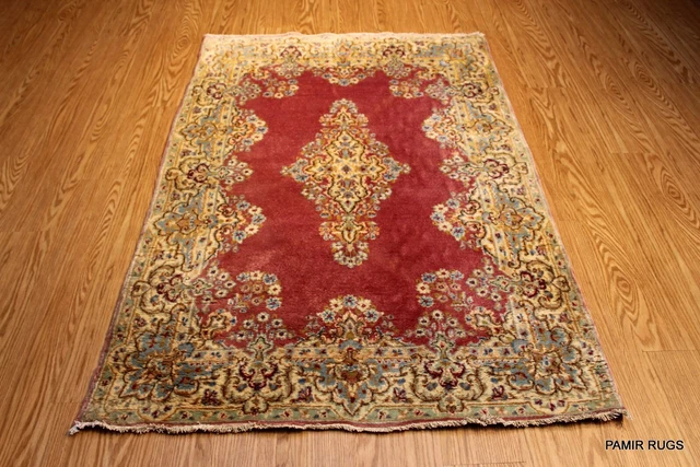 _ANTIQUE_KIRMAN_RUG_4x6 ft. Authentic HANDMADE RUG circa 1930's ROSE Red floral