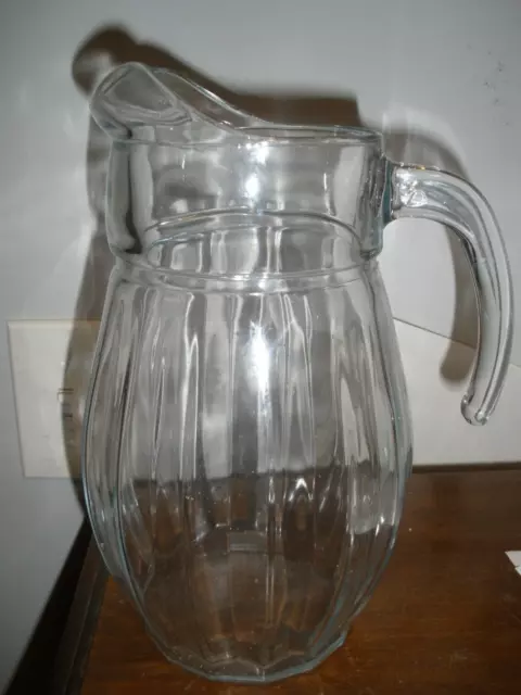 Vintage Large Pitcher Heavy Clear Glass Ribbed Body