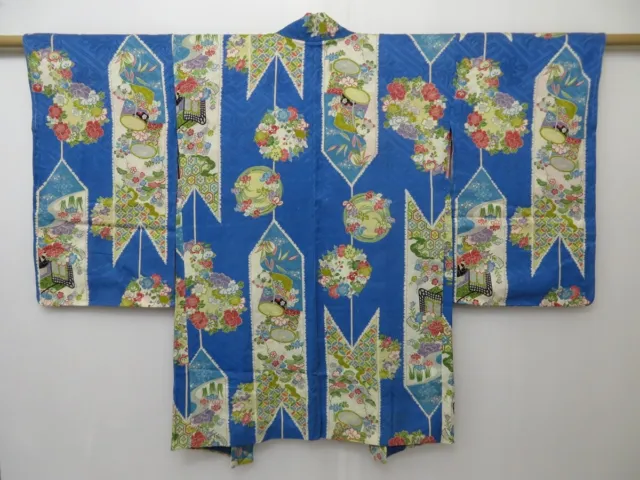 1130T06z520 Antique Japanese Kimono Silk HAORI Light blue Flowers