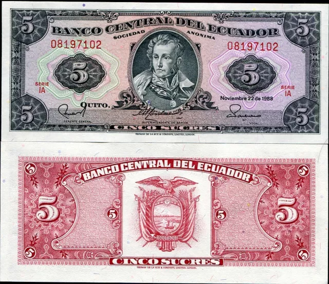 Ecuador 5 Sucres 1988 P 113 d UNC