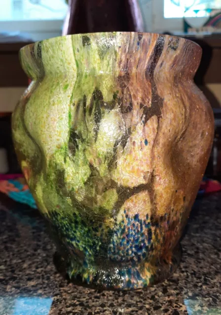 Loetz Kralik Multi Colored ice chip crackle Overshot Vase 5.5"