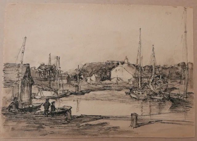Antique Drawing Henry Wilfrid DEVILLE Port By the Sea c.1930