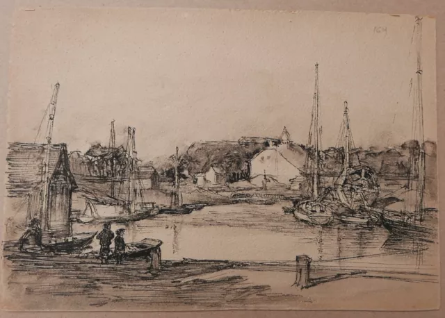 Antique Drawing Henry Wilfrid DEVILLE Port By the Sea c.1930