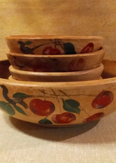 Vintage Salad Bowls Cottagecore Wooden Hand Painted Cherries 5pc Farmhouse 1960s