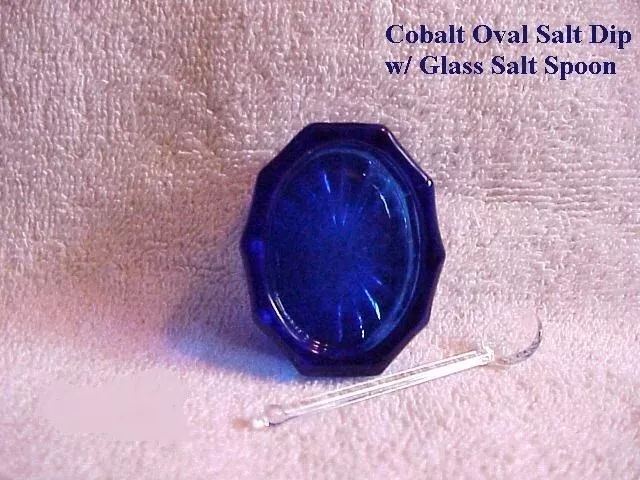  Salt Dip...Cobalt Blue Oval w/ Glass Salt Dip Spoon...Mosser Glass, USA