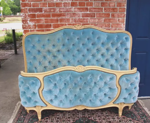 French Antique Upholstered Tufted Louis XV Full Size Bed / Baby Blue Color