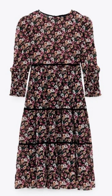 ZARA FLORAL TIERED Midi Dress Boho Sheer Chiffon Shirred Cuff Velvet Trim  Sz XS 14.95 - PicClick UK