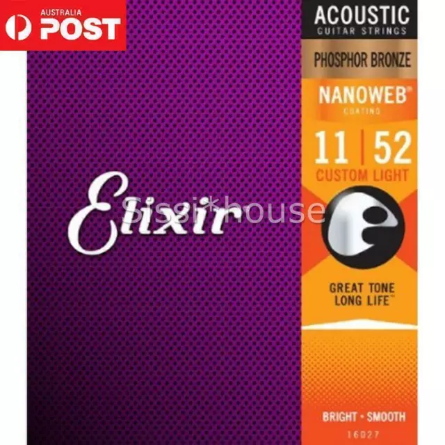 1 Pack Set Elixir 16027 Acoustic Guitar Strings Nanoweb Set of 6 Light 11-52 New