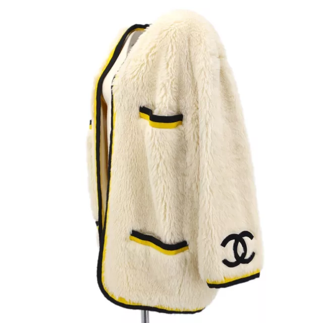 Chanel 94A #42 Fur Jacket Coat Long Sleeve Black Ivory 89067