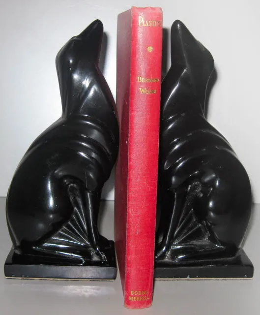 Frankart greyhound dog art deco black bookends a pair all metal made in the USA