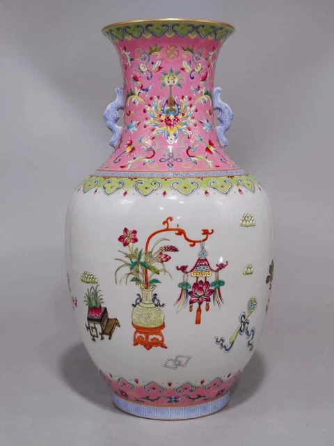 Estate China Qing Freehand Sketching Famille Rose Porcelain Flowers Vase