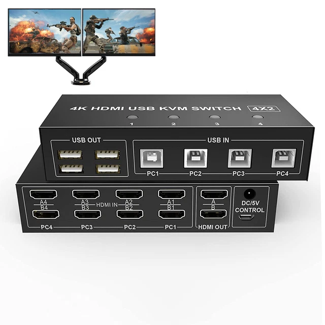 DUAL MONITOR KVM Switch HDMI 2/4 Port 4K 60Hz USB HDMI KVM Switcher 4 ...