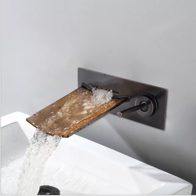 Wall Mounted Oil Rubbed Bronze Waterfall Spout Bathroom Tub Sink Mixer Faucet