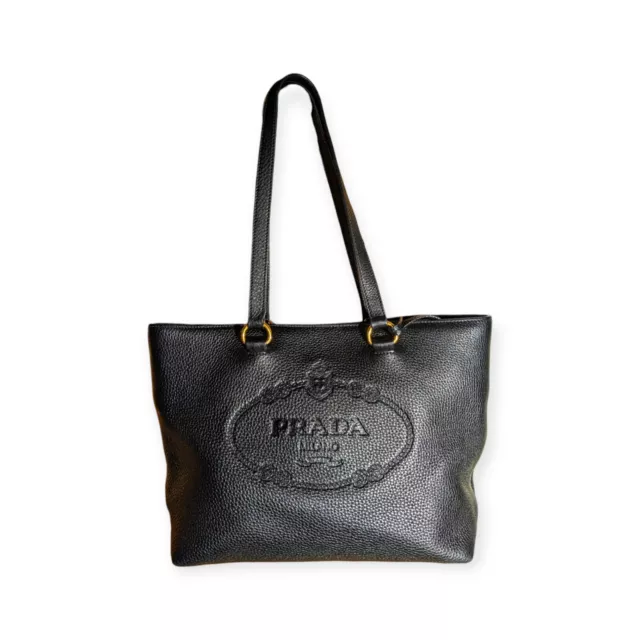 Prada Black Pebbled Leather Tote Bag Vitello Daino Embossed Logo Fob Clean