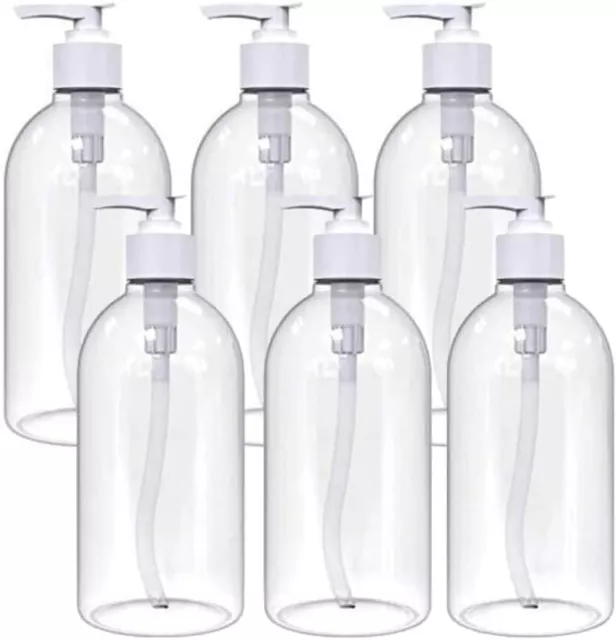 Pack of 6 Clear Empty Refillable Clear Plastic Bottles 500ml With Lotion Tops