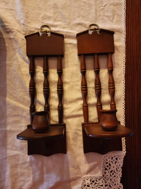 Unique MCM Wood Wall Sconces Vintage Wooden Candle Holders Set of 2