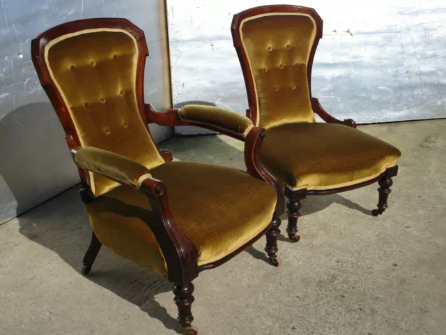 Antique Matching Pair Of Victorian Walnut .....His / Hers ...Salon Easy Chairs