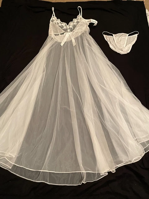 Vtg Long CHIFFON Nightgown Silky STRING BIKINI Panty Nylon Set Lot M Bridal NOS