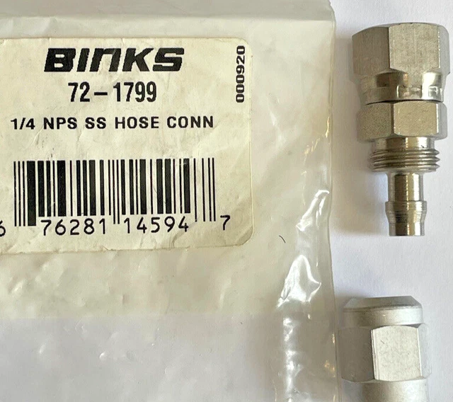 BINKS HOSE CONNECTION 72-1799 s.s. 1/4”nps(f) swivel x  1/4” i.d. x .350” o.d.