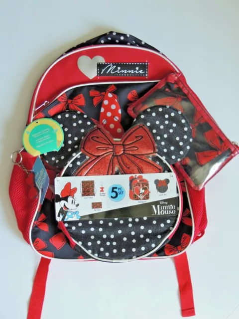 Disney Minnie Mouse 16" Backpack 5 Pc. Set Lunch tote Pencil Case Cinch Bag NWT