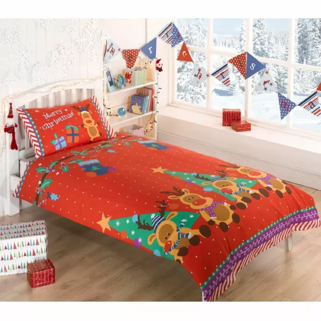 Renne Housse Couette Simple Ensemble Enfants Fête Noël Literie Rouge