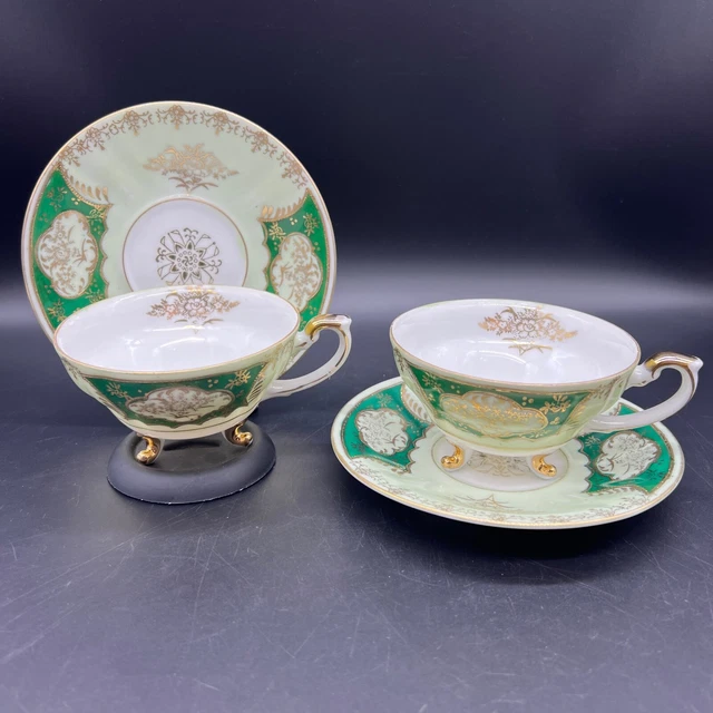 Set of 3 Vintage English Bone China 3-Footed Mint Green Tea Cup Saucer Set Gold