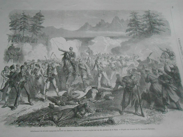 Gravure 1866 - Détachement de révoltés Espagnols