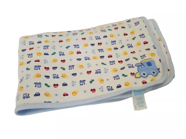 Carters Child of Mine Blue Baby Blanket Trains Cars Trucks Reversible 27”x30”