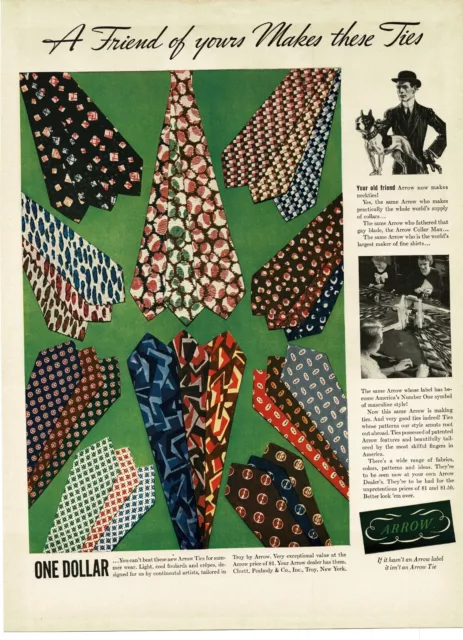 1937 Arrow Ties Men's Fashion Art Vintage Print Ad