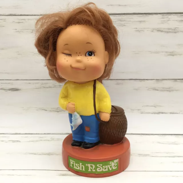 Vintage Fish 'N Save Doll Plastic Rubber Coin Bank Advertising Girl Hong Kong