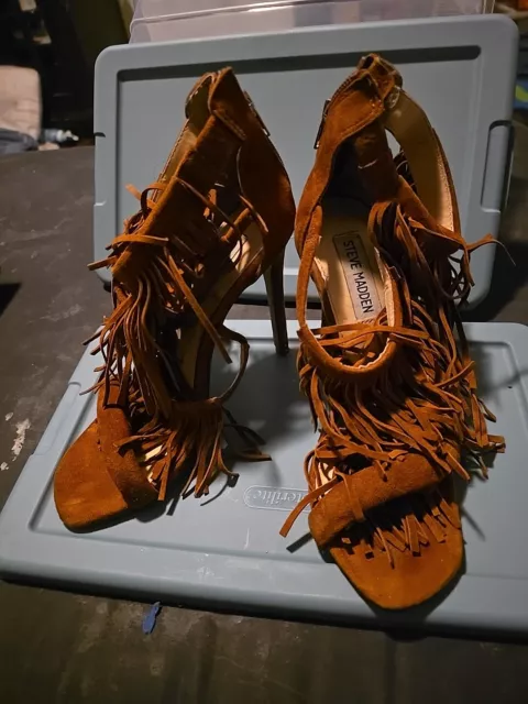 Steve Madden Womens Shay Sandal High Heel Shoes Brown Suede Fringe Tassel Zip 6M