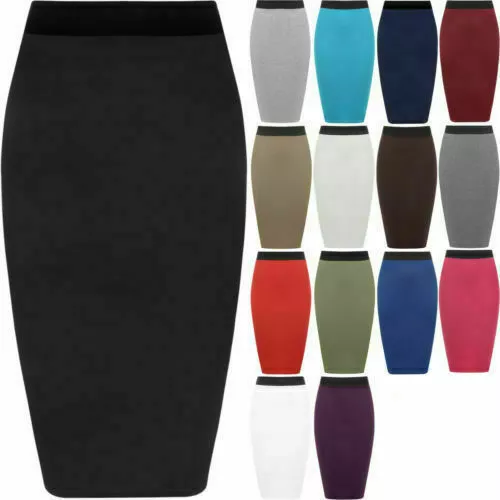 Ladies Plain Office Women's Stretch Bodycon Midi Pencil Skirt Plus Size 8-26