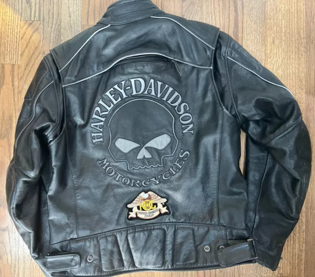 Harley Davidson mens riding jacket L black leather willie g reflective skull zip