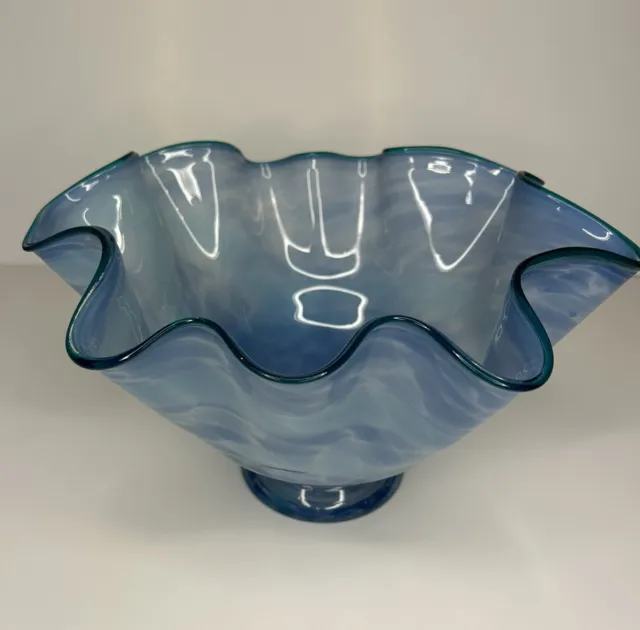 Vintage Hand Blown Ruffled Edge Blue and Clear Art Glass Bowl