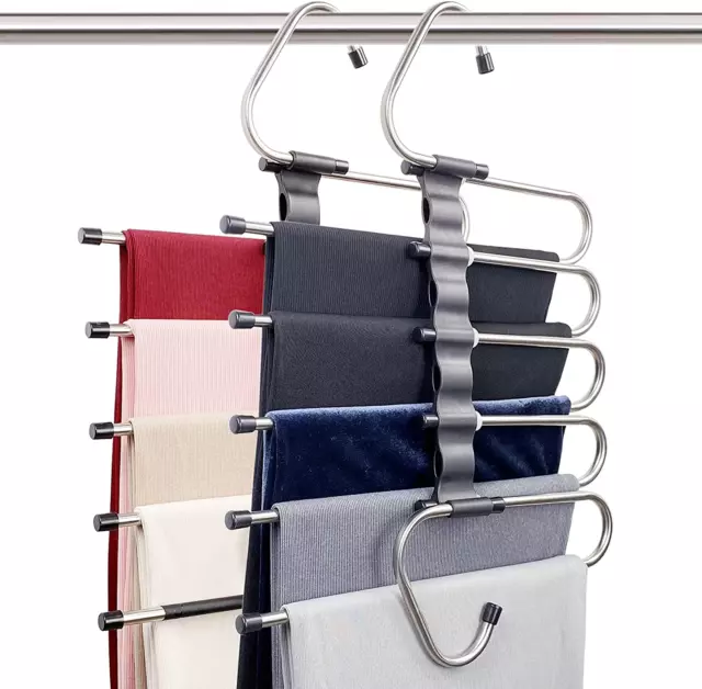 2-Pack Space-Saving Pants Hangers with 10 Metal Clips - Closet Organizer for Tro