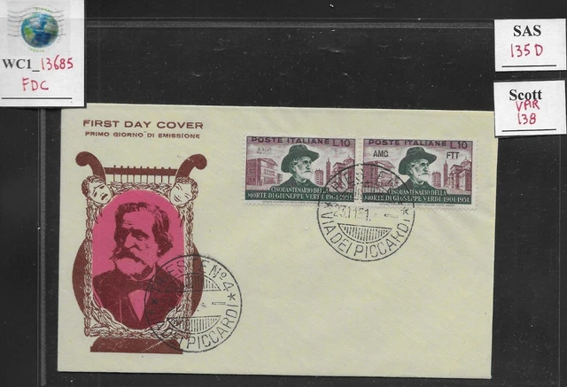 WC1_13685. ITALY: TRIESTE FTT. FDC w. rare variety 10 Lire 1951 VERDI. Sas 135D.