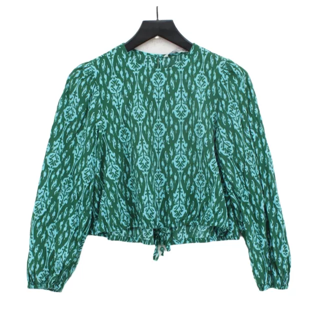 Zara Women's Shirt XS Green Graphic 100% Cotton Long Sleeve Round Neck Basic