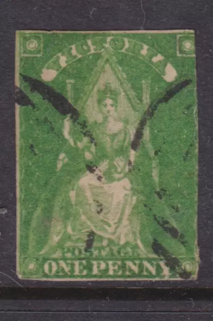 VICTORIA SCARCE 1856 1d Yellow Green QV QUEEN THRONE USED SG 40 (QC69.2)