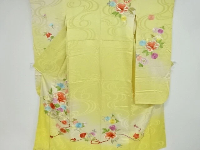 80837# Japanese Kimono / Antique Furisode / Embroidery / Flower Cart
